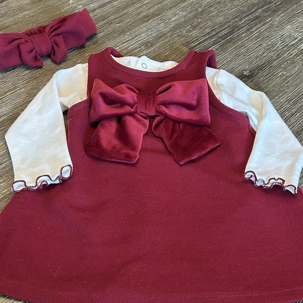 Tahari Baby 2 Pc Burgundy Velvet Bow Dress Set Headband 3-6M Holiday